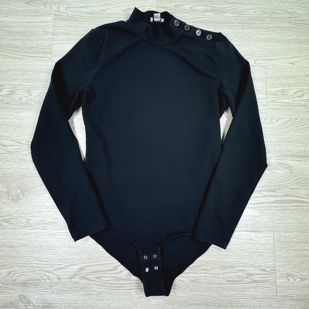 J.Crew Women's Bodysuit Mock Neck Shoulder Button Black Medium Long Sleeve